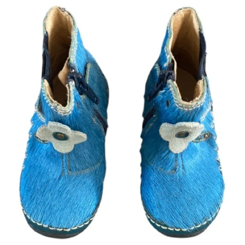 Naturino Toddler Boots Blue Pony Hair Leather Flower Appliqué Sky Blue